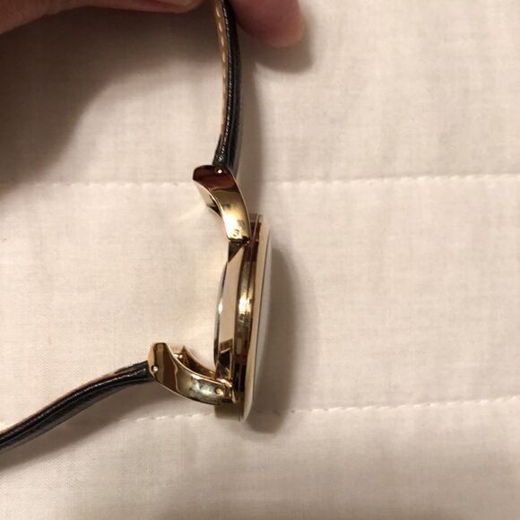 AK Gold Tone Rhinestone Wrist Watch Black Genuine Leather Strap